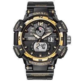 FANMIS Mens Analog Digital Sports Watch Large Face Outdoor Sports Waterproof Military Wrist Watches with Date Multifunction Tactics LED Army Stopwatch (Gold)