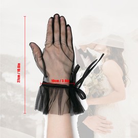 Long Keeper Women Lace Gloves - Ladies Elegant Tulle Wedding Gloves Opera Tea Party Bow Gloves Short Bridal Gloves (Black)