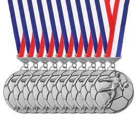 PATIKIL Football Events Silver Award Medals with Red & White & Blue Ribbons, 10 Pcs Winner Medals Gold Silver Bronze Prizes for Competitions Sports Party, Silver