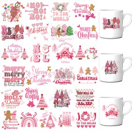 Papiailove 25 Sheets Merry Christmas UV DTF Cup Mug Wraps Pink Xmas Tree Uvdtf Tumbler Wrap for 16 oz Glass Water Bottle Christmas Waterproof Rub On Transfer Decals for DIY Crafts Laptop
