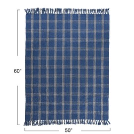 Creative Co-Op Recycled Cotton Blend Throw Blanket with Fringe, Blue Plaid