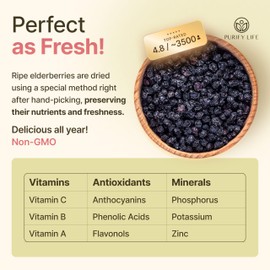 Purify Life Dried Elderberries - 1lb Bulk - Hand-Sorted, Wildcrafted, Natural, Non-GMO, Whole European Immune System Support for Black Elderberry Syrup, Gummies, Jelly, Tea, Wine, Raw Sambucus, One Pound