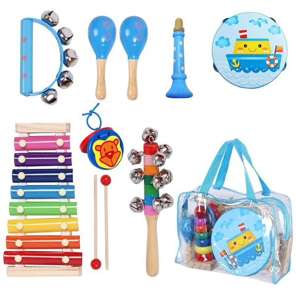 Kids Musical Instruments Sets, 12pcs Wooden Percussion Instruments Toys Tambourine Xylophone for Kids Playing Preschool Education, Early Learning Musical Toys for Boys and Girls Gift with Carry Bag