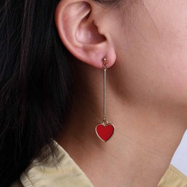 Cybche Vintage Long Love Heart Dangle Earrings Red Heart Earrings Red Enamel Heart Drop Earrings Gold Heart Statement Earrings Jewelry for Women