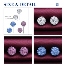 Yumilok 3 Pairs of Women's Stud Earrings 925 Silver Shamballs Disco Ball Crystal Beads 8 mm for Girls, Sterling Silver