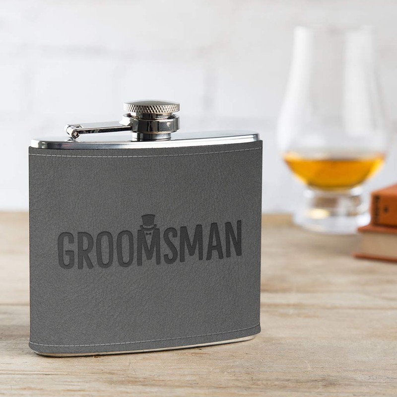 Groomsman Gift for Wedding - Groomsman Engraved Grey Leather Hip