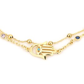 Vanbelle 18K Gold Plated Jewelry - Double Layered Beaded Chain Hamsa Bracelet with Cubic Zirconia Stones - Beautifully Handcrafted for Women - 6.5" Long + 2" Extender