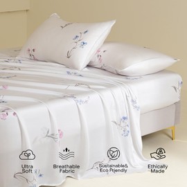 MIDO HOUSE Luxury Tencel Lyocell Sheet Set – Silky Soft Botanical Floral Bedding, Breathable & Cooling, Deep Pocket Fitted Sheet – Queen Size, 4-Piece Premium Set