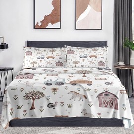 WeCozy Queen Size 4 Pcs Bed Fitted Sheet Set with 14" Deep Pocket, Animal Farm Tractor Flat Sheet Set for Kids and Adults, House Tree Pig Bedding with 2 Pillowcases for Bedroom Decor