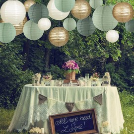 SIPRKAICT Bridal Shower Decorations,12pcs Sage Green Gold Paper Lanterns for Woodland Shower Wedding Boho Birthday Party Decoration(Gold,Ivory,Sage Green)