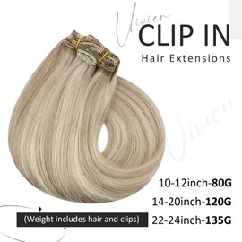 Vivien Blonde Clip in Hair Extensions Highlight Clip in Hair Extensions Remy Human Hair Ash Blonde Mixed Light Blonde Clip in Human Hair Extensions Long Straight 7pcs #16/22 120g 22inch