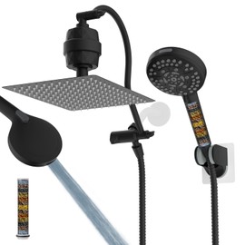 Hibbent All Metal 12'' Dual Filtered Rainfall Shower Head Combo, High Pressure Handheld Shower Head with 12'' Adjustable Curved Extension Arm, 20 Stage Shower Filter, 10-spray, 71'' Hose, Matte Black