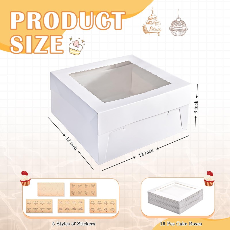 DOYIDE 16Pcs 12x12x6 Inch Cake Boxes with Window, White Bakery