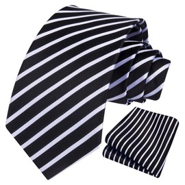 HISDERN Mens Tie Black White Stripe Ties with Pocket Square Set Business Formal Solid Black Striped Classic Silk 3.4'' Necktie Handkerchief for Wedding