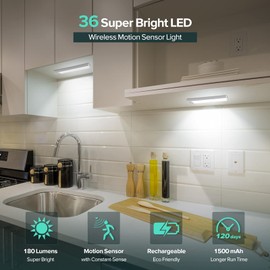 Alivation 36 LED Closet Lights Motion Sensored Battery Powered LED Lights, Under Cabinet Lighting, Motion Sensor Light Indoor, Wireless Lights, 1500mah Rechargeable Battery Operated Lights (3 Pack)