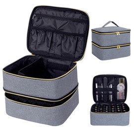 UOZL Nail Polish Organizer, Handheld Double Layer Organizer Holds 30 Bottles (15 ml/0.5 floz) with Adjustable Dividers for Nail Polish Small Manicure Lamp Manicure Tools Essential and Travel,Gray Gold