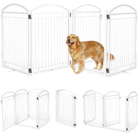Paulmele Full Metal Freestanding Dog Gates with Door,Foldable Pet Fences Outdoor&Indoor for Puppy,Extra Wide Free Standing Wire Tall Dog Gate Barriers for Openings,Doorways,Decks,Yard(4 Panels White)