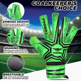 TOROGA Football Goalkeeper Gloves For Boys, Kids Children Youth Soccer Goalie Gloves with 4mm Latex Finger Spine Protection (Green Negative Cut, 4 - For 6-9 Years, Ambidextrous)