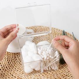 Adorila Cotton Swab Holder Dispenser with Lid, Square Plastic Box with 4 Compartments for Cotton Ball, Cotton Pads, Floss, Clear Container for Vanity Bathroom Organizer Storage