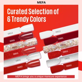 MEFA Red Gel Nail Polish Set 6 Colors, Red White Glitter Shades Sparkle Silver Champagne Love Times Tones Salon Christmas Decorations Nail Art Design at Home Manicure DIY Kit Gifts for Women Girl