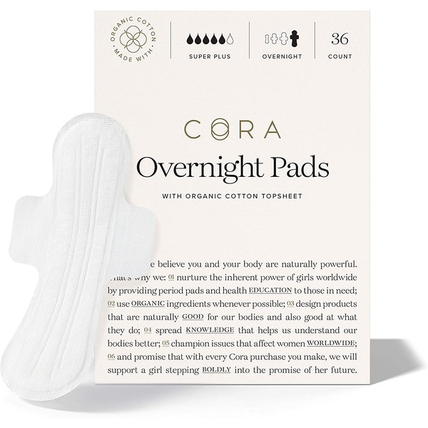 Cora Organic Pads | Ultra Thin Period Pads with Wings | Overnight Absorbency | Ultra-Absorbent Sanitary Pads for Women | 100% Organic Cotton Topsheet (18 Count (Pack of 1))