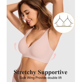 C'EST NICKEL Womens Wireless Deep V Seamless Bras No Underwire Push Up Bras Full Coverage Bralettes Plunge T Shirt Bra(Pink,M)