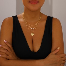 Layered Gold Necklaces for Women Stackable Dainty 14K Gold Plated Silver Chain Necklace Layering Cute Fashion Pendant Choker Necklaces Trendy Jewelry Set Gifts for Women (hammered texture round, golden)