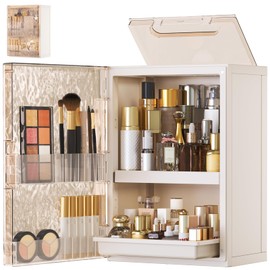 HAIXIN Makeup Organizer Skincare Organizers Vanity Organizer Countertop with Drawer and Makeup Brush Holder, Cosmetic Display Cases with Ripple Door Waterproof for Vanity and Bathroom (White & Amber)