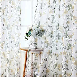 Tollpiz - Cortinas transparentes florales con estampado de mariposas y flores amarillas para dormitorio, bolsillo para barra de cortina de gasa de lino sintético cortas para ventana para sala de estar
