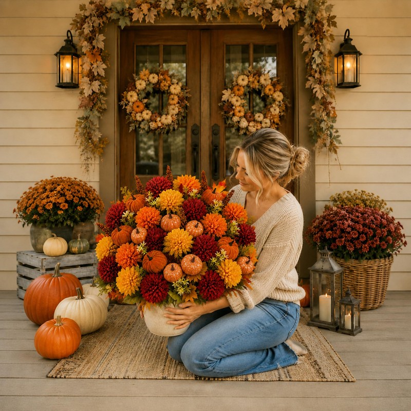 BobbleT 15 Pcs Fake Artificial Fall Mums with Pumpkin Picks,Faux