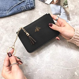 Monedero de cuero para mujer con llavero, cartera de cambio, tarjetero con borla y cremallera, Negro, Pequeño, Minimalista