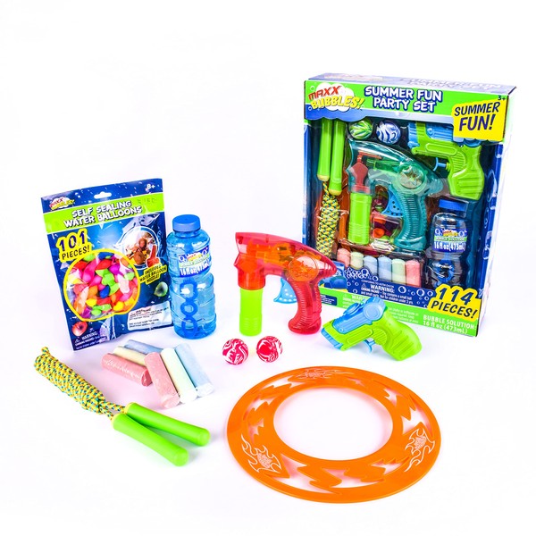 Sunny Days Entertainment Summer Fun Party Set - 114 Pieces Including Jump Rope, Bubble Blaster, 16oz Bubble Bottle, Squirt Gun, Water Balloons and More