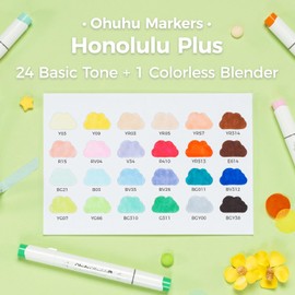 Ohuhu Alcohol Marker Supreme Brush Tip 24+1 Colours with Double Tip (Plus Brush and Chisel Refillable) Art Marker Set for Artists, Adults, Painting, Illustrations - Honolulu Plus Series