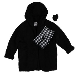 Victoria's Secret Cozy Sherpa 3 Piece Gift Set Hooded Robe Socks and Scrunchie (Black)