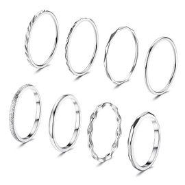 Kakonia 8Pcs 1MM 2MM Stainless Steel Rings for Women Men Minimalist Fashion Dainty Plain Thin Knuckle Stacking Midi Thumb Rings Stackable Statement Band Rings Set Silver Gold Tone Size 4-12-10