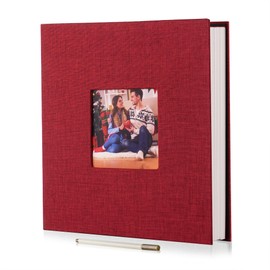 HoneyTolly Large Photo Album Self Adhesive with Picture Display Window, DIY Scrapbook Album for 4x6 8x10 Pictures, 40 Pages Linen Cover Memory Book with Scraper and Metallic Pen(Red)