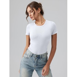 OQQ Women's Crew Neck Short Sleeve Bodysuit Ruched Stretch Vacation Basic for Tops Spring & Summer White
