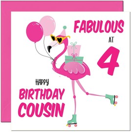 4th Cousin Birthday Card - Fabulous Flamingo - Ladies Womens Pink Cute Cousins Birthday Card for 4 Year old Kids four, fourth