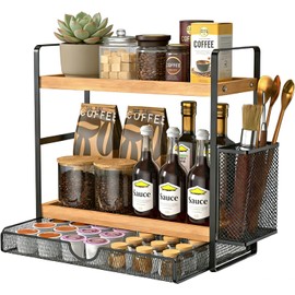 Harnidipa 2 Tier Spice Rack Organizer for Countertop with Drawer and Basket, Suitable for Coffee Organizer, Kitchen Counter Storage, Bathroom Storage