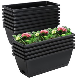 Lysjtsr 12Pcs 17Inches Rectangle Planter Box with Drainage Holes and Trays Plastic Planters Flower Boxes Pots for Indoor Outdoor Plants Patio Garden Home Decor Porch Yard (Black)