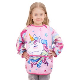 Unicorn Art Smock - Kids Aprons for Girls ages 3-8 Waterproof Toddler Art Smock Painting Toddler Apron for Girls with Long Sleeve and 3 Pockets
