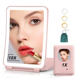 Mocado Travel Makeup Mirror with Light, 1x/10x Magnifying Mirror with Light, 3 Colors Lighted Magnifying Mirror, 2000mAh Rechargeable Lighted Makeup Mirror, Dimmable Touch, Memory Function (Pink)