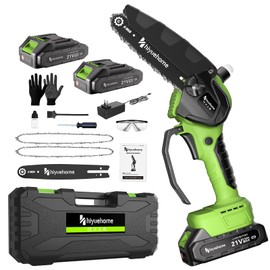 hiyuehome Cordless Mini Chainsaw 6 Inch - 21V 2.0Ah 900W Brushless Motor, Handheld Electric Chainsaw with Automatic Oiler & Double Safety Lock for Tree/Garden Trimming (Green - 2 Batteries)