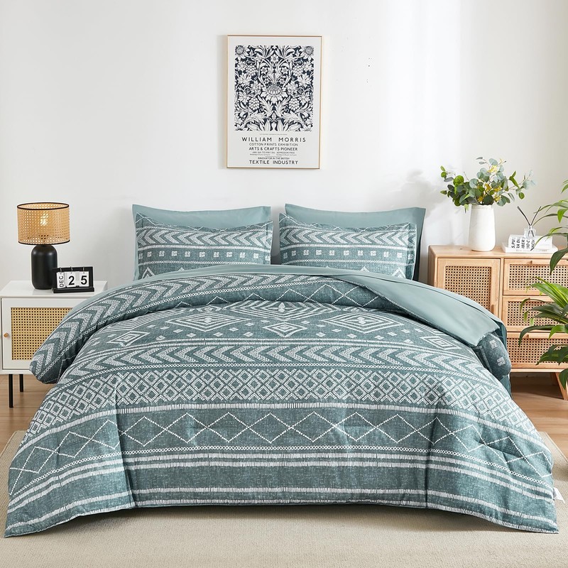 Yiran Boho Aztec Comforter Set Queen Size, Grayish Blue Comforter