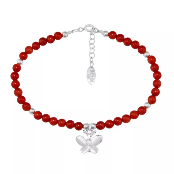 AeraVida Charming Peace Butterfly Round Red Coral Gemstone Sterling Silver