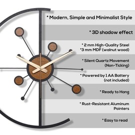 Atomic Wall Clock Wood, Mid Century Modern Wall Clock, Starburst Large Wall Clock, Wall Clock Unique, Wall Clock Farmhouse, Retro Wall Clock - size: 35cm