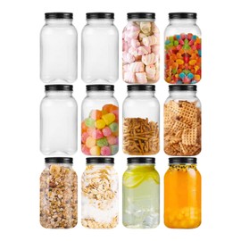 Naivees 32 OZ Mason Jars Clear Plastic Storage Containers with Black Screw-On Lids Plastic Airtight Jars,BPA Free(12 Pack)