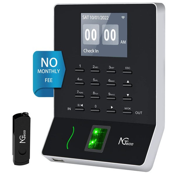NGTeco Fingerprint Time Clock, W2 Biometric Employee Time Attandence Machine for Small Business and Office, Finger Scan, Automatic Punch, LAN WiFi, App for iOS/Android (0 Monthly Fee)