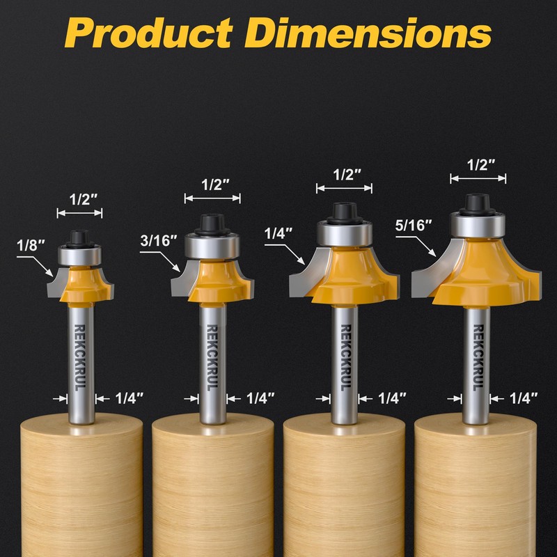 REKCKRUL 4-Piece Roundover Router Bit Set - 1/4" Shank, Carbide