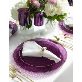 EcoQuality 7" inch Round Hammered Translucent Purple Plastic Plates with Gold Rim - China Like Party Plates, Heavy Duty Large Disposable Dinner Charger Salad Plate Weddings, Serveware (10)
